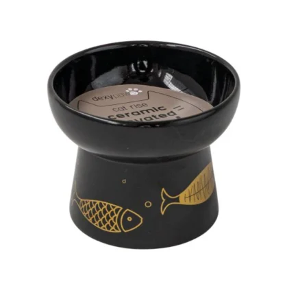 Raised Ceramic Cat Bowl, Black with Gold Fish Cat 7oz - Dexy Paws